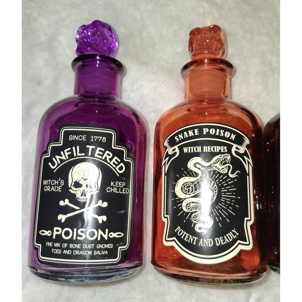 Set of 3 Halloween Witch Potion Bottles - Unfiltered Poison, Snake Poison, Witch